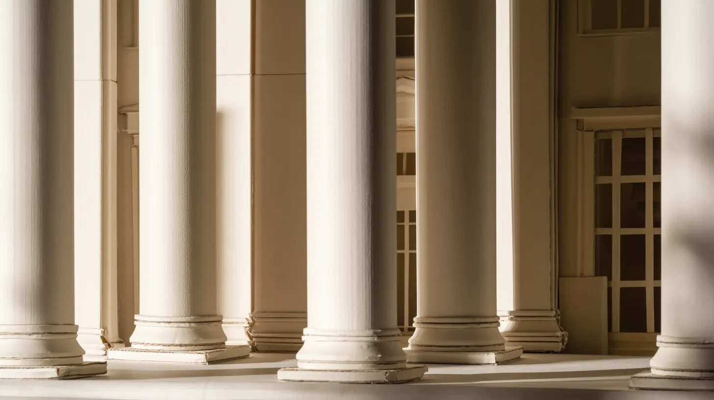 Close view of a neoclassical bank facade with sunlit columns
