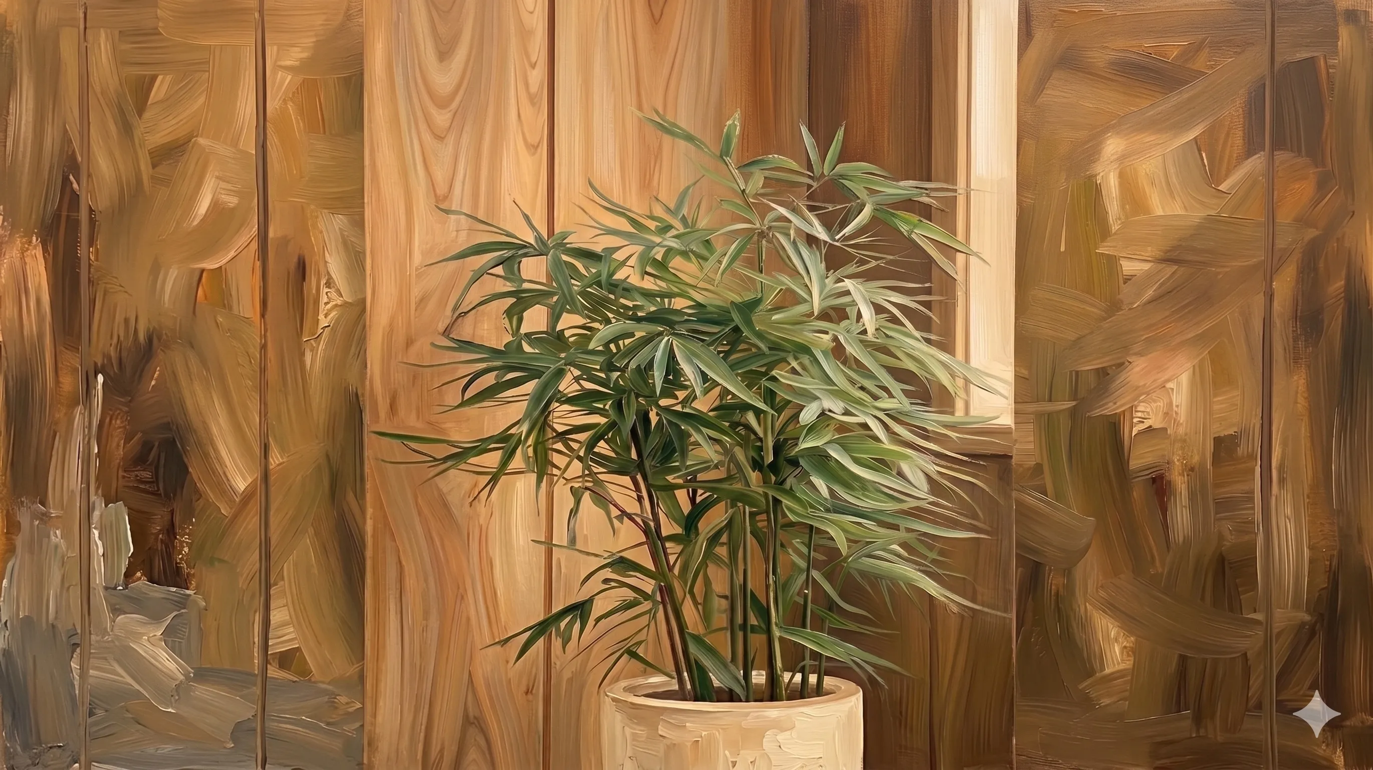 Painterly still life of a potted bamboo plant against warm wood paneling